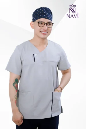 Bộ scrubs nam màu xám phối cổ hiện đại