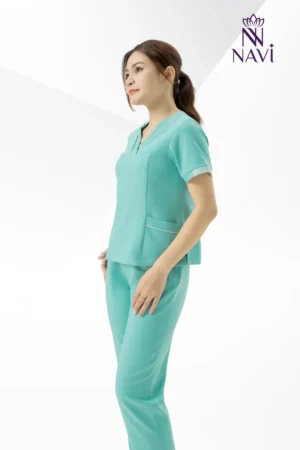Bộ scrubs nữ màu xanh mint phối viền cổ đẹp NAVI