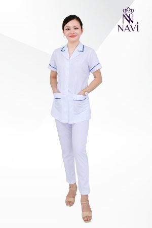 Bộ đồng phục nữ Navi màu trắng, phối viền xanh nhẹ nhàng