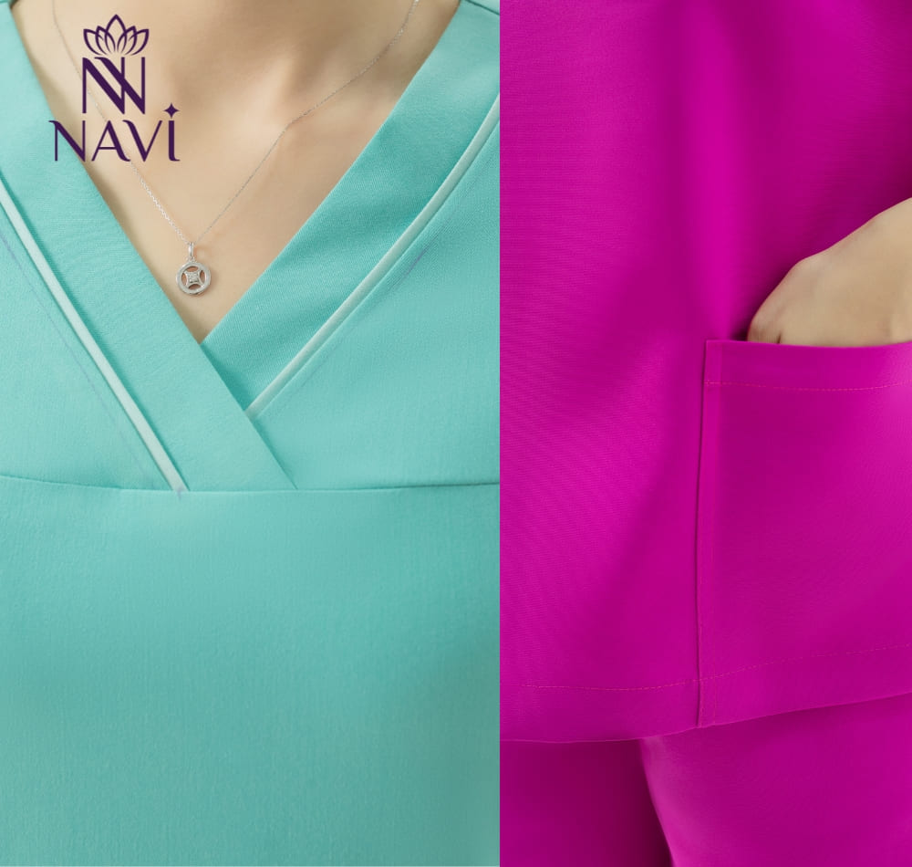 Bộ scrubs bác sĩ được thiết kế thông dụng với dáng cổ tim và túi áo rộng