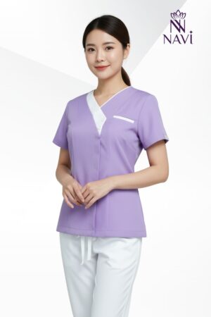 Bộ scrubs tím phối viền cổ tim dành cho y tá, bác sĩ, kỹ thuật viên