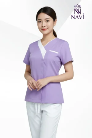 Bộ scrubs tím phối viền cổ tim dành cho y tá, bác sĩ, kỹ thuật viên