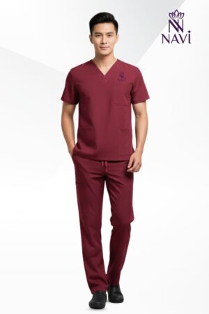 Bộ scrubs nam màu đỏ đô cổ tim NAVI