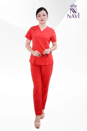 Bộ scrubs nữ đỏ cam cổ tim NAVI
