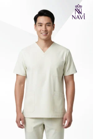 Bộ scrubs nam màu kem cổ tim đẹp NAVI