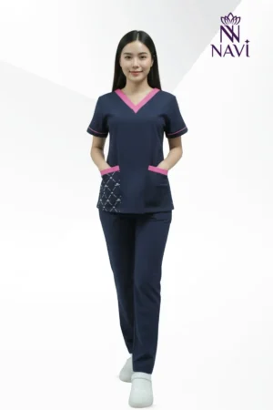 Đồng phục scrubs màu xanh phối viền đẹp cho bệnh viện, spa
