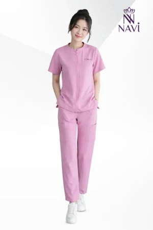 Bộ scrubs nữ cổ tròn màu hồng NAVI